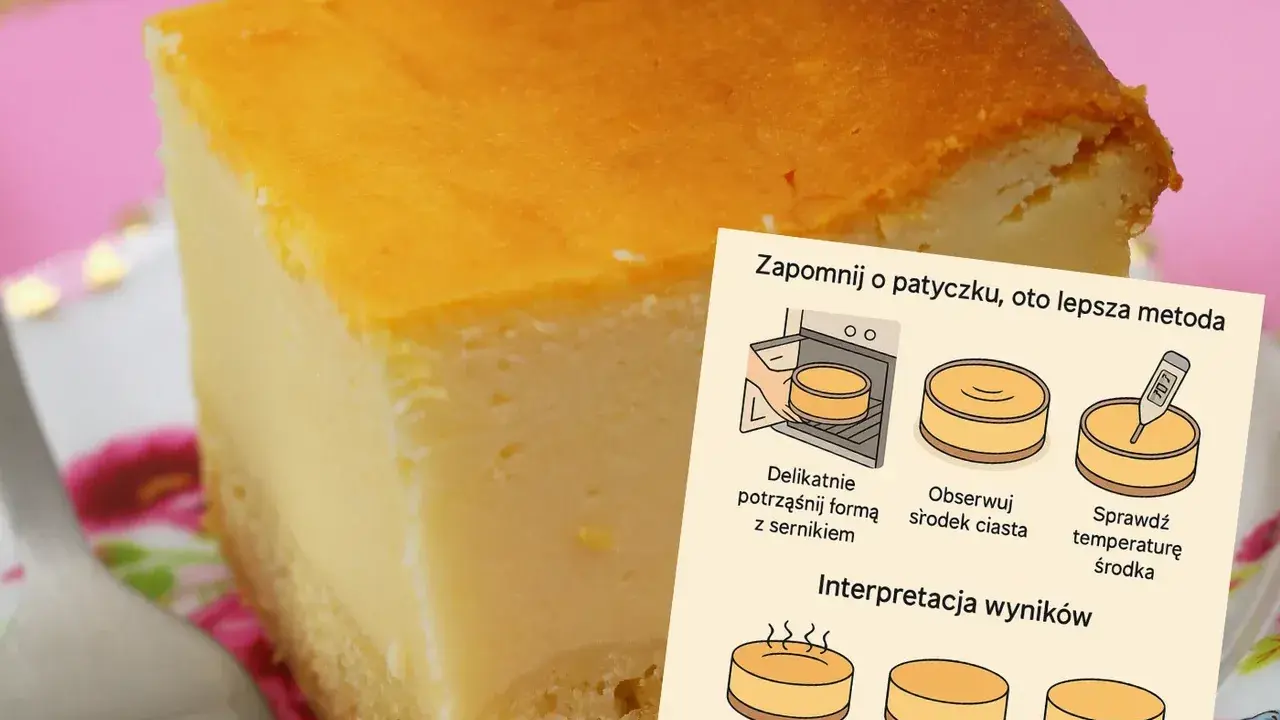 Pyszny sernik na talerzyku, obok instrukcja jak sprawdzić, ile wazy sernik i czy jest gotowy.