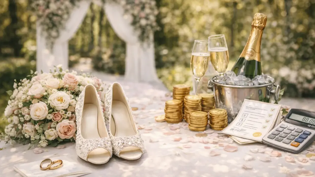 Ślubne buty, bukiet, obrączki, szampan i stosy monet. Zastanawiasz się, ile kosztuje catering na wesele? Kalkulator i lista zadań pomogą Ci to obliczyć.