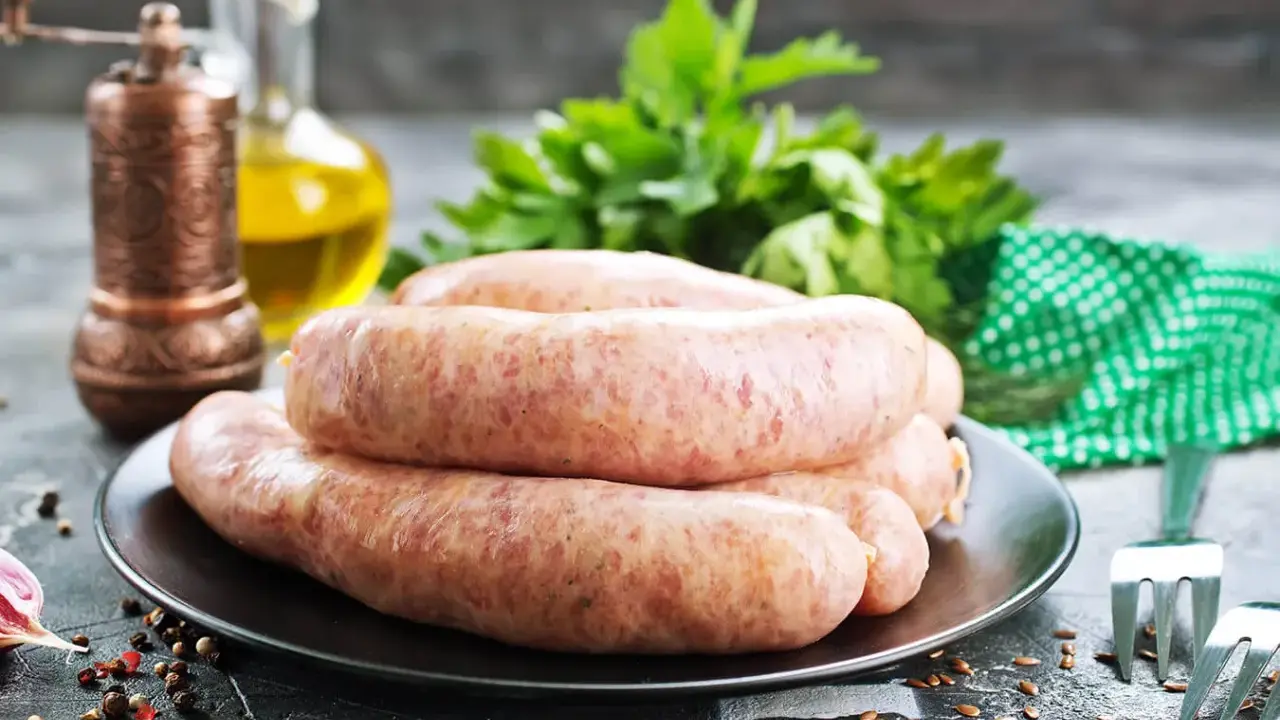 Świeża kiełbasa na talerzu, obok przyprawy i ziół. Zastanawiasz się, jak długo można mrozić kiełbasę?