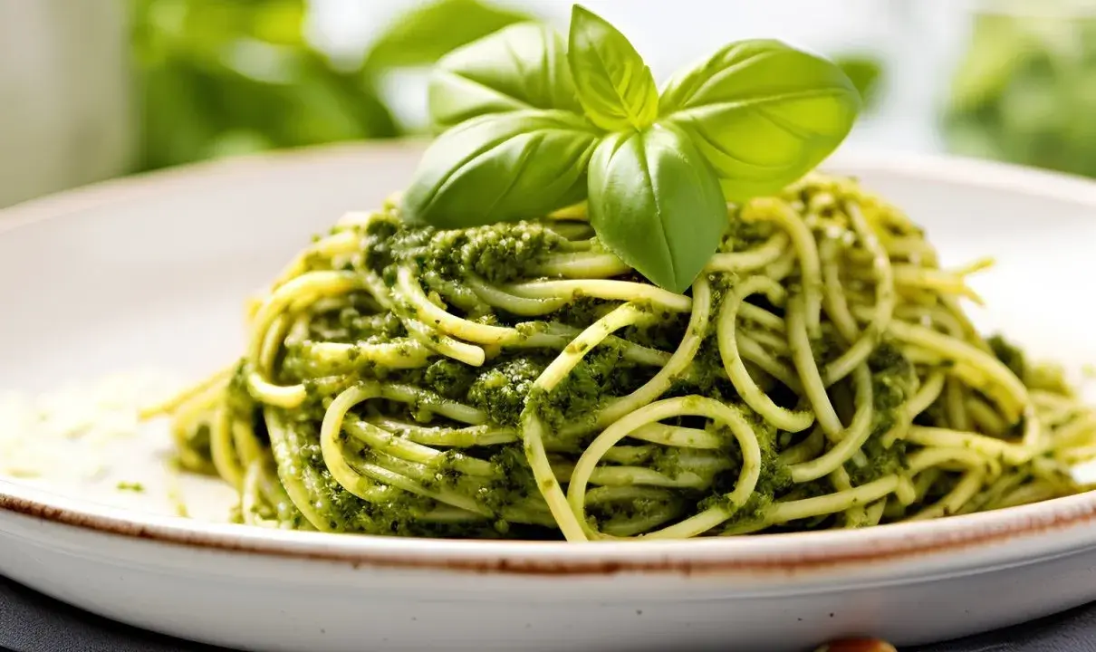 Porcja spaghetti z zielonym pesto, udekorowana listkami bazylii.