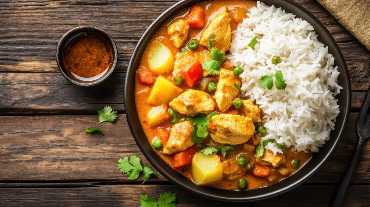 Pyszne curry z kurczakiem i warzywami, podane z ryżem. Idealne danie, gdy zastanawiasz się, co ugotować na bierzmowanie.
