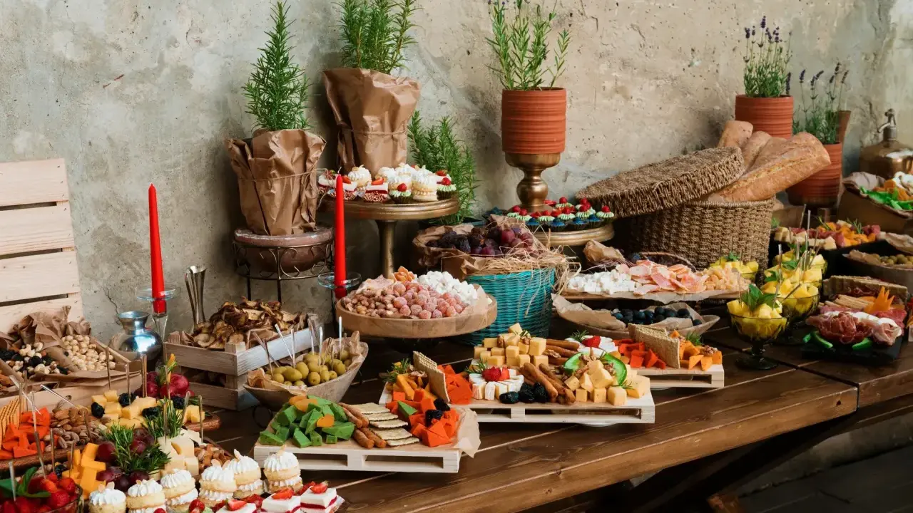 Bogaty stół z serami, owocami, ciastkami i pieczywem. Idealny na przyjęcie, zastanawiasz się, ile kosztuje catering na 15 osób?