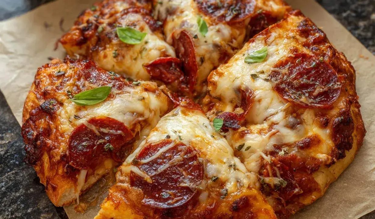 Chrupiąca pizza pepperoni z roztopionym serem i listkami bazylii na papierze do pieczenia.