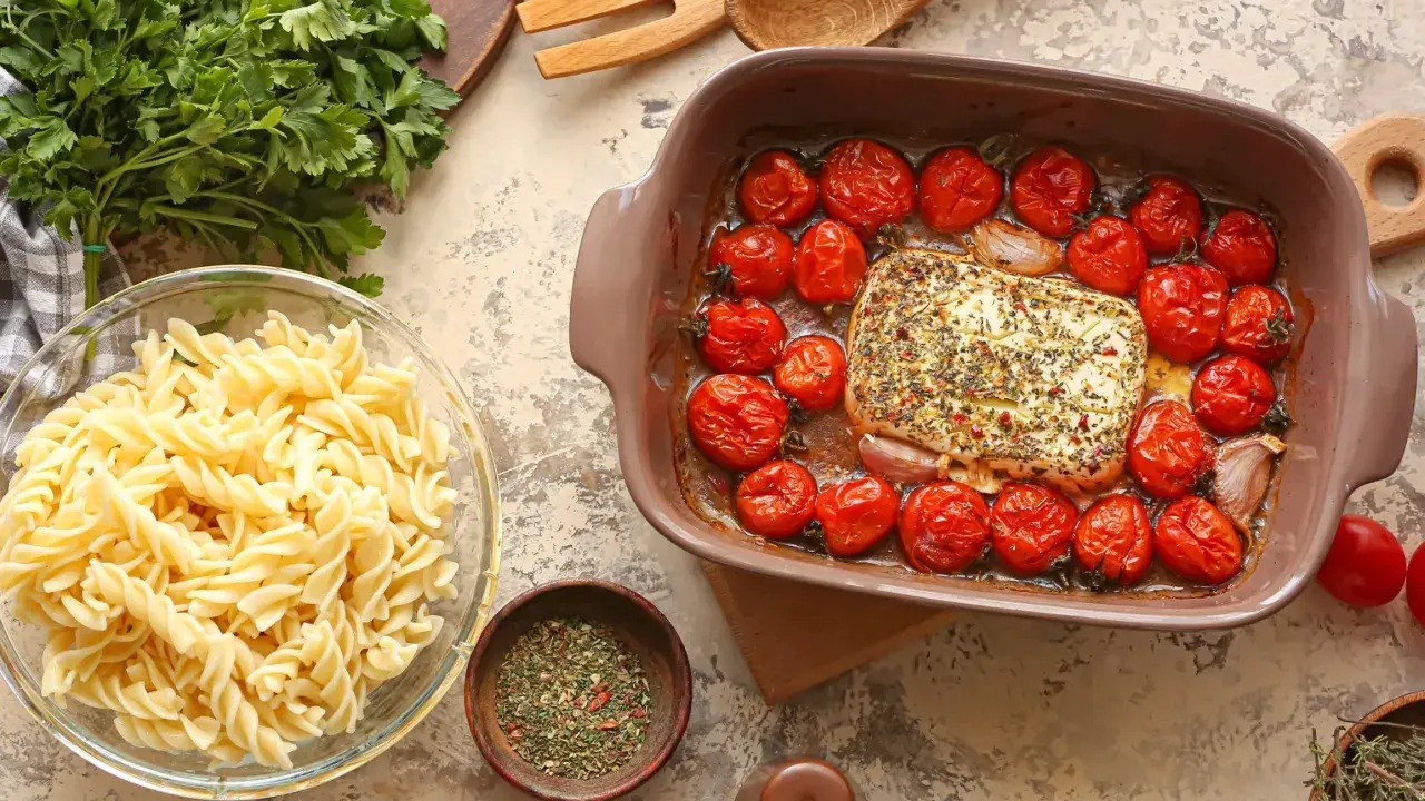 Pieczenie sera feta z pomidorkami koktajlowymi to świetny pomysł na obiad. Obok makaron fusilli i świeża natka.