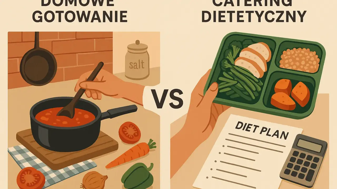 Domowe gotowanie kontra catering dietetyczny. Czy catering się opłaca? Obrazek porównuje przygotowywanie posiłków w domu z gotowym pudełkiem i planem diety.