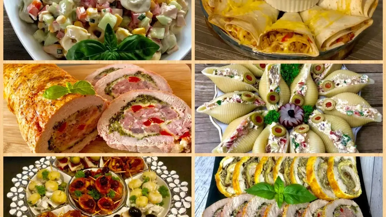 Pyszne menu na sylwestra w domu: sałatka z tortellini, roladki z tortilli, faszerowane muszle, pieczone mięso i przekąski.