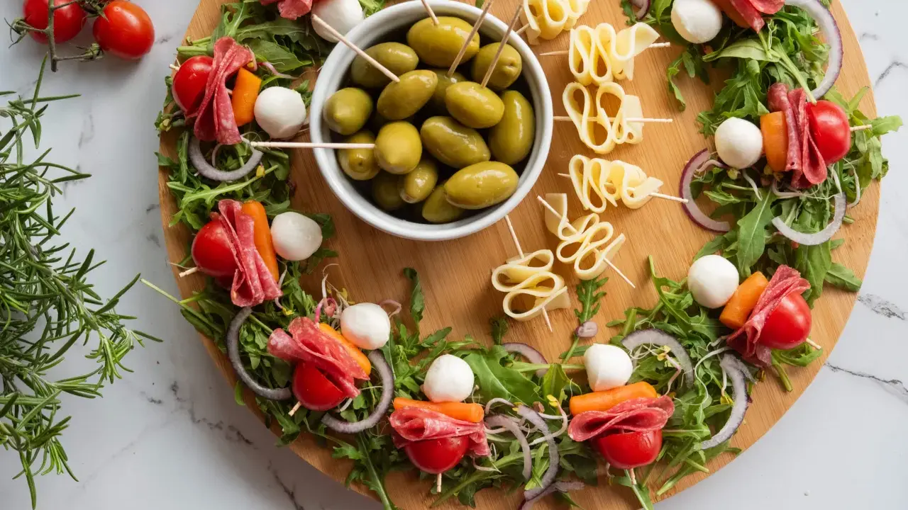 Okrągła deska z przekąskami: szaszłyki z pomidorkami, mozzarellą, salami i rukolą, miseczka oliwek.