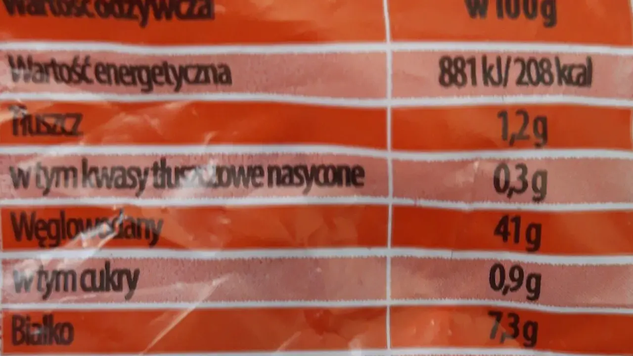 Tabela wartości odżywczych dla chleba baltonowskiego: 881 kJ/208 kcal, 1,2g tłuszczu, 41g węglowodanów, 7,3g białka.