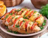 Pyszny pomysł, co zrobić z fileta z kurczaka na obiad: pieczony filet z kurczaka z pomidorami i serem, posypany natką pietruszki.