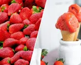 Jak zrobić sorbet truskawkowy z mrożonych truskawek? Na zdjęciu świeże truskawki i gotowy deser w wafelkach.