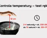 Test ręki nad rusztem grilla, 12 cm nad żarem, pomoże ocenić temperaturę podczas grillowania. Krótszy czas oznacza wyższą temperaturę.