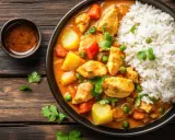 Pyszne curry z kurczakiem i warzywami, podane z ryżem. Idealne danie, gdy zastanawiasz się, co ugotować na bierzmowanie.