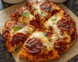 Chrupiąca pizza pepperoni z roztopionym serem i listkami bazylii na papierze do pieczenia.