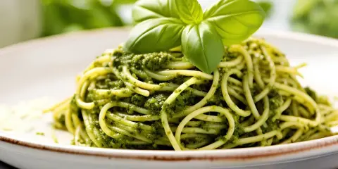 Porcja spaghetti z zielonym pesto, udekorowana listkami bazylii.
