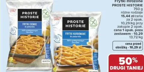 Dwie paczki mrożonych frytek Proste Historie: cienkich i karbowanych, gotowych do piekarnika.