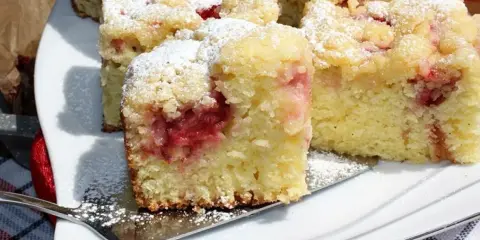 Błyskawiczne i super łatwe ciasto z owocami, posypane cukrem pudrem, prezentuje się apetycznie na białym talerzu.