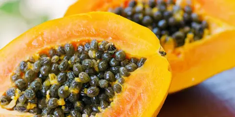 Dwa soczyste kawałki papaya z mnóstwem czarnych nasion w środku.