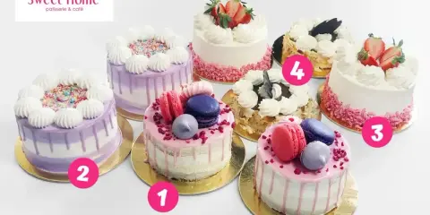Urocze torty bento w pastelowych kolorach, ozdobione makaronikami i owocami. Idealne na małe świętowanie.