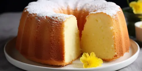 Wilgotna babka z majonezem, oprószona cukrem pudrem, z żółtym kwiatkiem na talerzu.