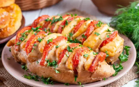 Pyszny pomysł, co zrobić z fileta z kurczaka na obiad: pieczony filet z kurczaka z pomidorami i serem, posypany natką pietruszki.