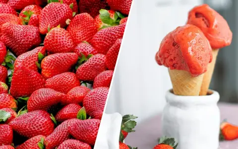 Jak zrobić sorbet truskawkowy z mrożonych truskawek? Na zdjęciu świeże truskawki i gotowy deser w wafelkach.