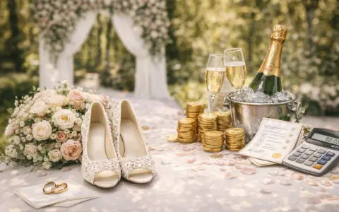 Ślubne buty, bukiet, obrączki, szampan i stosy monet. Zastanawiasz się, ile kosztuje catering na wesele? Kalkulator i lista zadań pomogą Ci to obliczyć.
