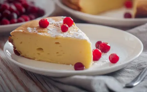 Kawałek puszystego sernika bez budyniu, udekorowany żurawiną i cukrem pudrem. Czy wyjdzie? Wygląda pysznie!
