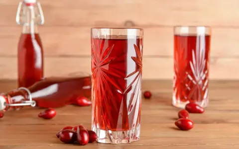 Szklanka i butelka z nalewką z derenia. Przepis na domową nalewkę z derenia jest prosty, a efekt zachwyca.