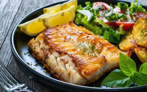 Idealny wybór, co do ryby na obiad: soczysty filet rybny z chrupiącymi ziemniaczkami, świeżą sałatką i cytryną.