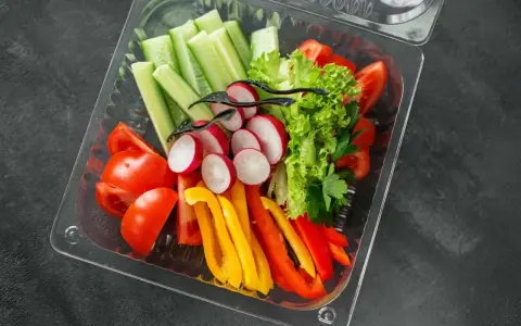 Świeże warzywa w pudełku – idealne na start, gdy zastanawiasz się, jak otworzyć catering dietetyczny. Pomidory, ogórki, rzodkiewki, papryka i sałata.
