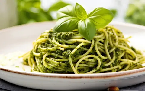 Porcja spaghetti z zielonym pesto, udekorowana listkami bazylii.