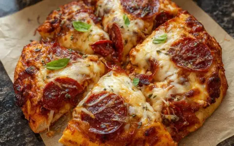 Chrupiąca pizza pepperoni z roztopionym serem i listkami bazylii na papierze do pieczenia.