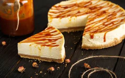 Pyszny sernik z 1kg sera, polany karmelem. Ile czasu piec sernik z 1kg sera? Czas pieczenia zależy od przepisu.