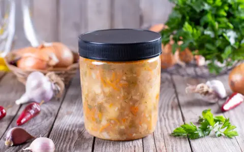Słoik z domową zupą warzywną, obok cebula, czosnek i chili. Dowiedz się, jakich zup nie można mrozić.