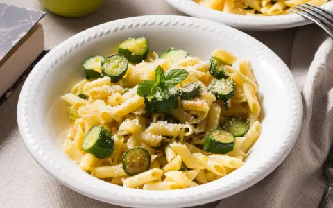 Pyszne danie z makaronem penne i kawałkami cukinii, posypane parmezanem i listkami mięty. Idealne co z cukinii na obiad!