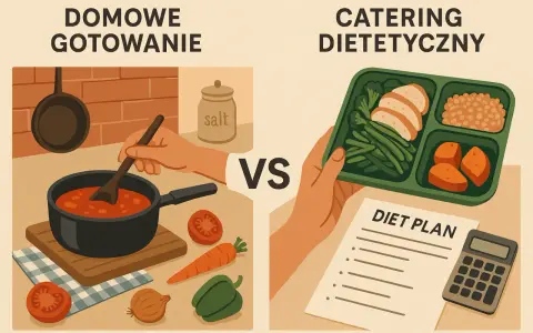 Domowe gotowanie kontra catering dietetyczny. Czy catering się opłaca? Obrazek porównuje przygotowywanie posiłków w domu z gotowym pudełkiem i planem diety.