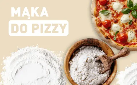 Mąka do pizzy w misce, obok gotowa pizza i rozsypana mąka.