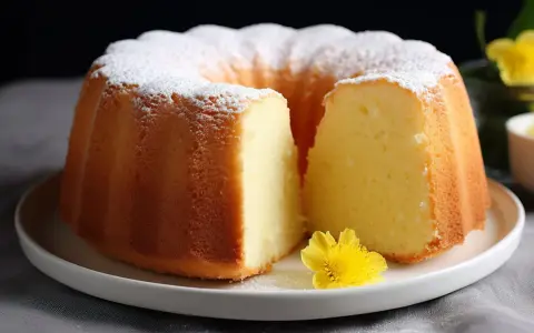 Wilgotna babka z majonezem, oprószona cukrem pudrem, z żółtym kwiatkiem na talerzu.