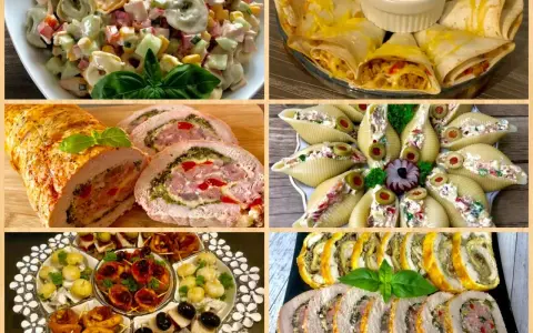 Pyszne menu na sylwestra w domu: sałatka z tortellini, roladki z tortilli, faszerowane muszle, pieczone mięso i przekąski.