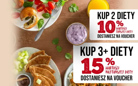 Pyszne posiłki i promocje na catering. Kup 2 diety i zyskaj 10%, kup 3+ i zyskaj 15% wartości najtańszej diety.