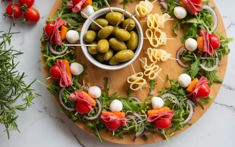 Okrągła deska z przekąskami: szaszłyki z pomidorkami, mozzarellą, salami i rukolą, miseczka oliwek.