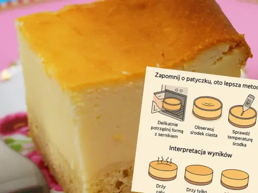 Pyszny sernik na talerzyku, obok instrukcja jak sprawdzić, ile wazy sernik i czy jest gotowy.