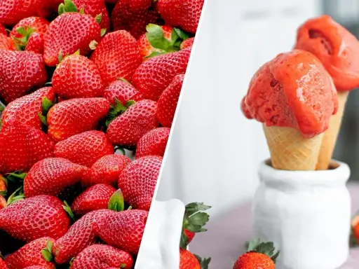 Jak zrobić sorbet truskawkowy z mrożonych truskawek? Na zdjęciu świeże truskawki i gotowy deser w wafelkach.