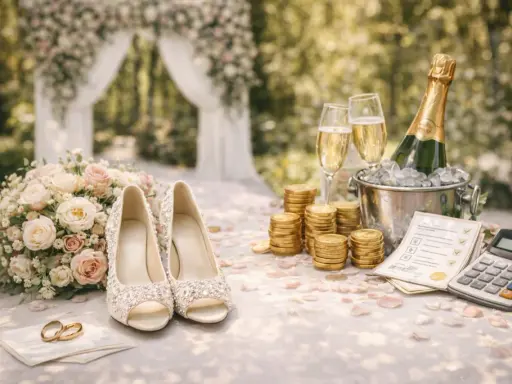 Ślubne buty, bukiet, obrączki, szampan i stosy monet. Zastanawiasz się, ile kosztuje catering na wesele? Kalkulator i lista zadań pomogą Ci to obliczyć.