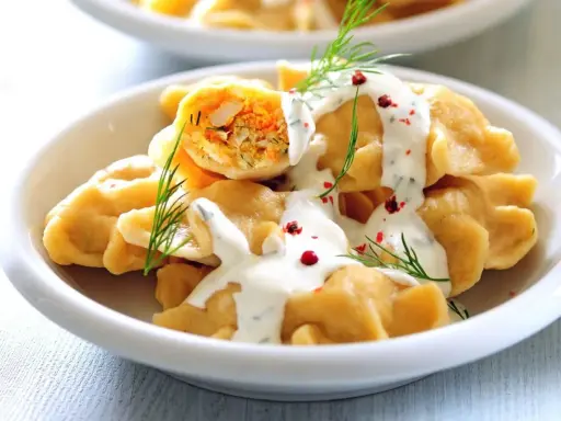 Pyszne pierogi z farszem, polane sosem i posypane koperkiem. Idealne danie, by zastanowić się, co ugotować w piątek na obiad.