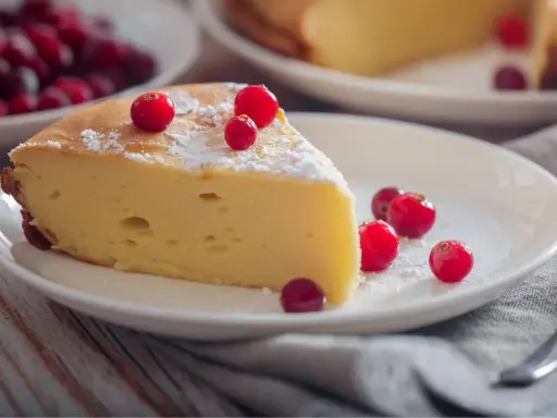Kawałek puszystego sernika bez budyniu, udekorowany żurawiną i cukrem pudrem. Czy wyjdzie? Wygląda pysznie!