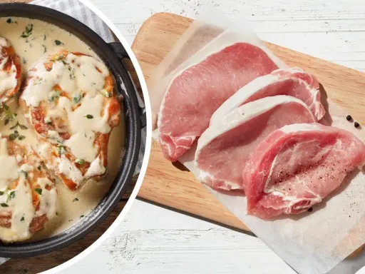 Schab w sosie śmietanowym i surowy schab na desce. Pomysł, co zrobić ze schabu zamiast schabowych.