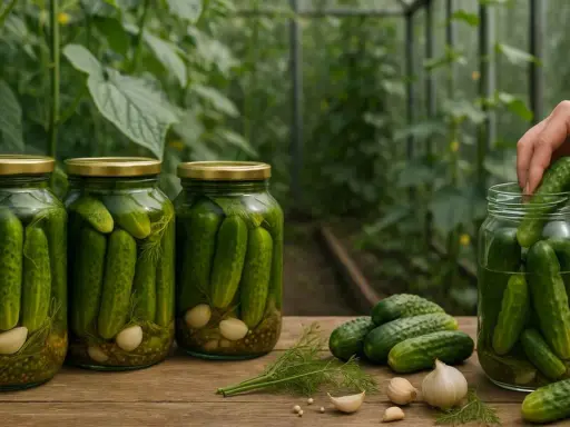 Słoiki pełne domowych kiszonek, z ogórkami, czosnkiem i koprem. Ręka wkłada kolejnego ogórka do słoika.