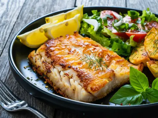 Idealny wybór, co do ryby na obiad: soczysty filet rybny z chrupiącymi ziemniaczkami, świeżą sałatką i cytryną.