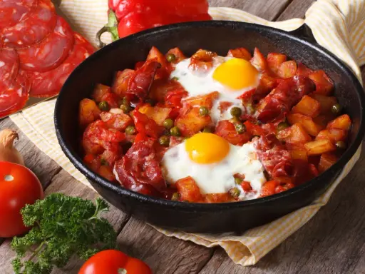 Pyszne danie z jajek na obiad: ziemniaki, chorizo, papryka i groszek zapiekane w patelni.